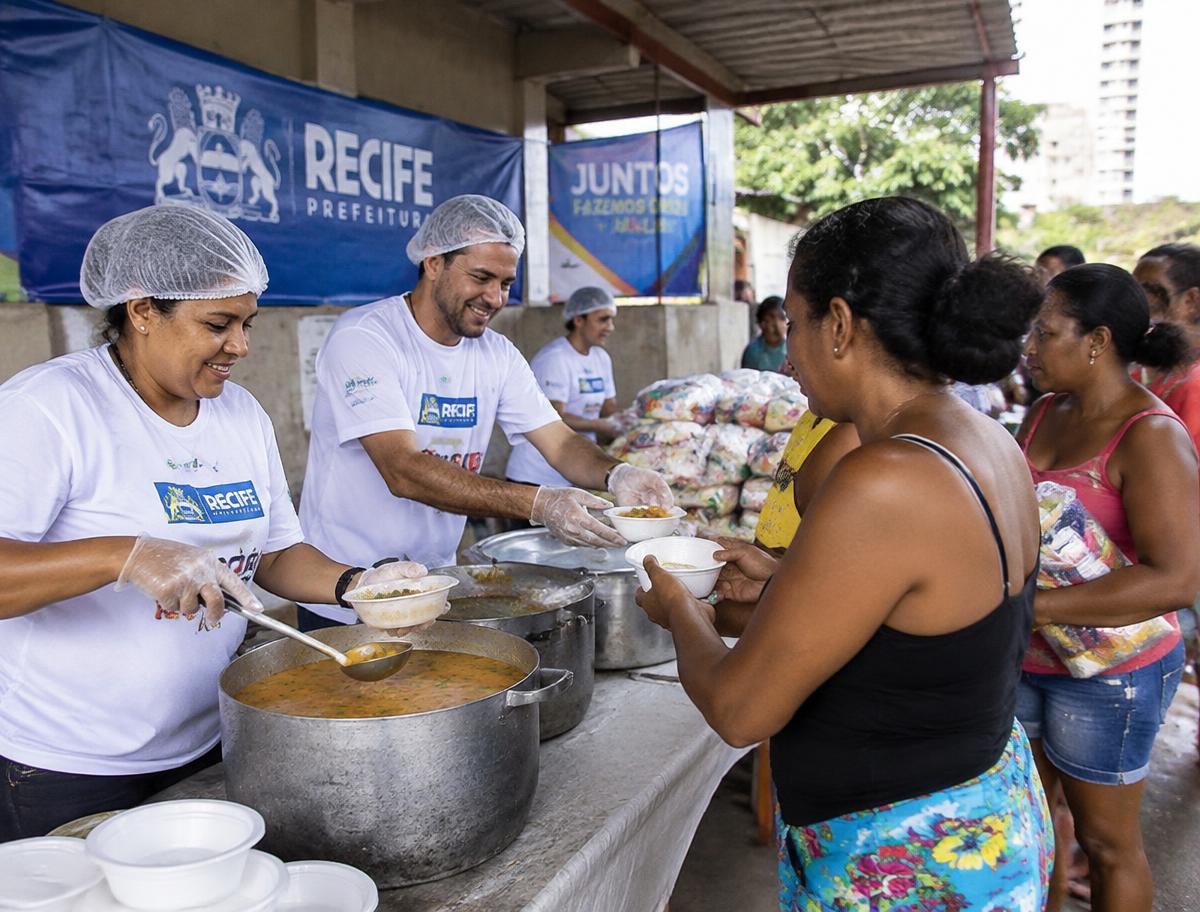 Voluntários servindo o sopão comunitário