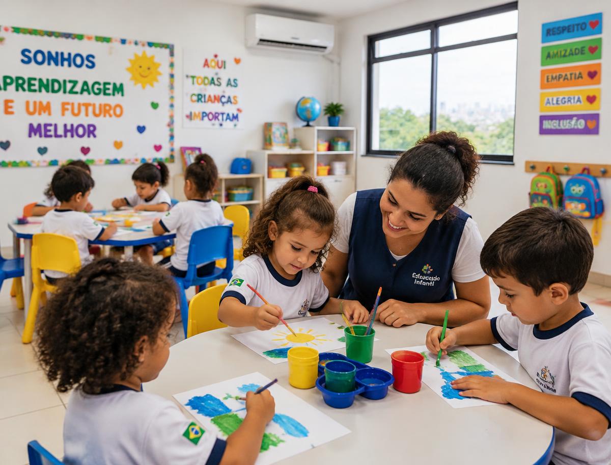 Crianças pintando com a professora